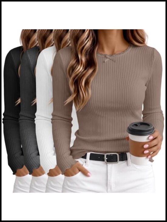 Tops - Ribbed Knit Lace Long Sleeve Tops Slim Fit Women's 4 Pack